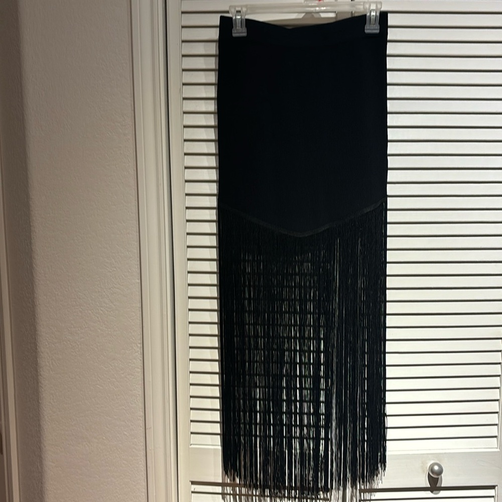 New no tag Molly Green Black fringe skirt. mini-length hem, Form-hugging fit